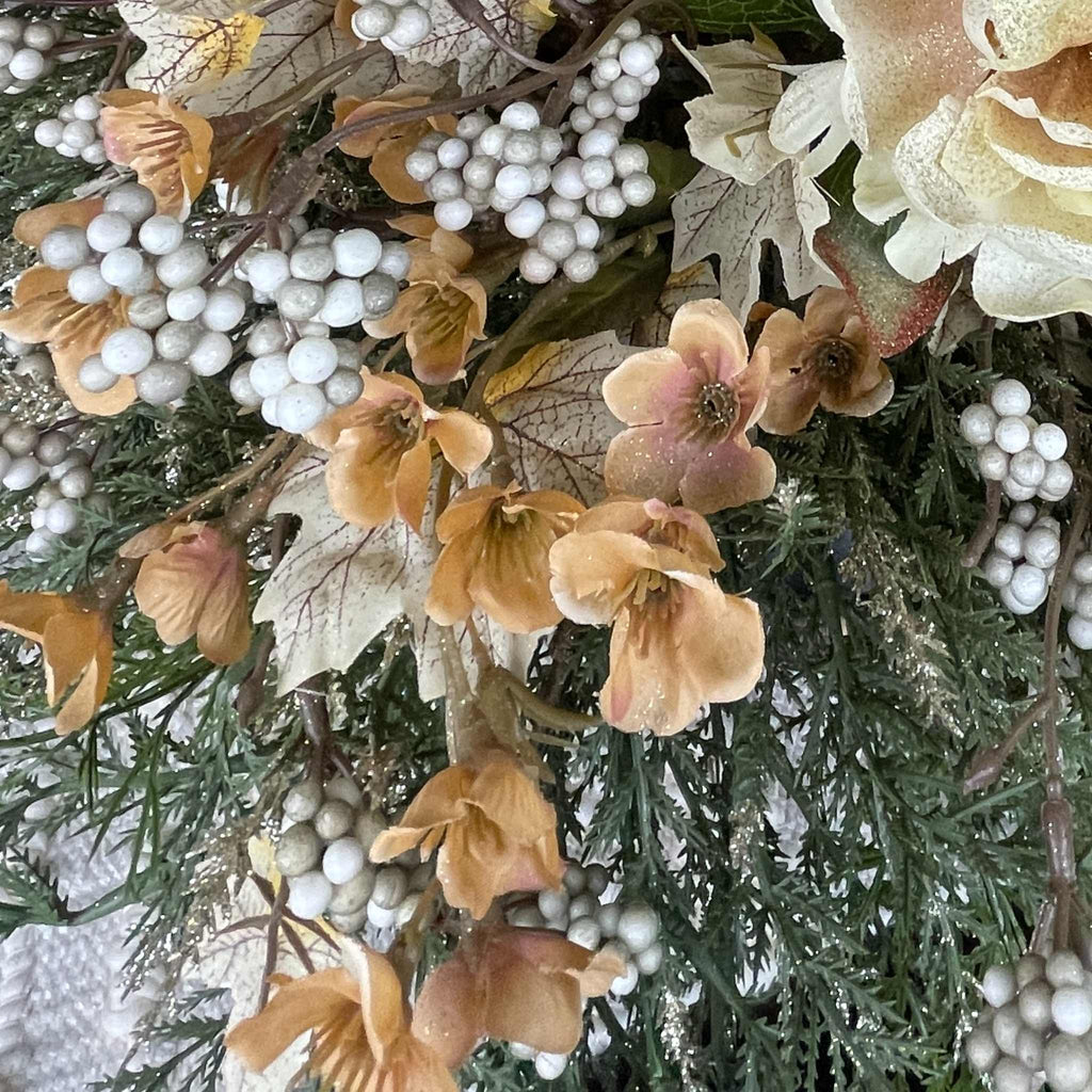 Fall Winter Centerpiece with Cream Mums & Gold Velvet Bow Pedestal