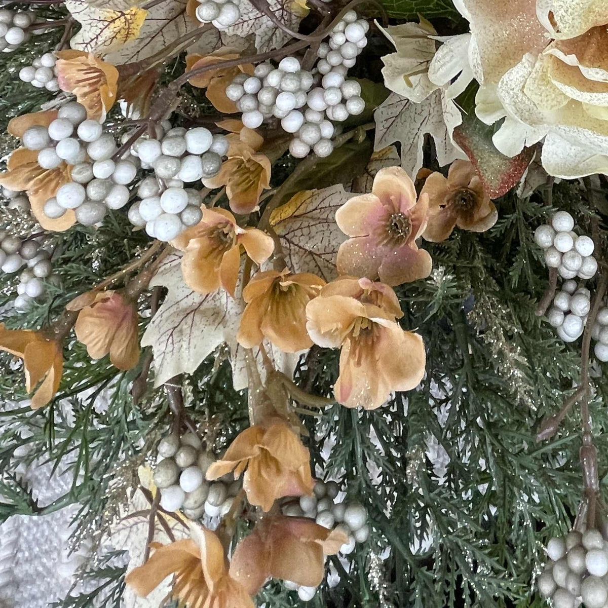 Fall Winter Centerpiece with Cream Mums & Gold Velvet Bow Pedestal