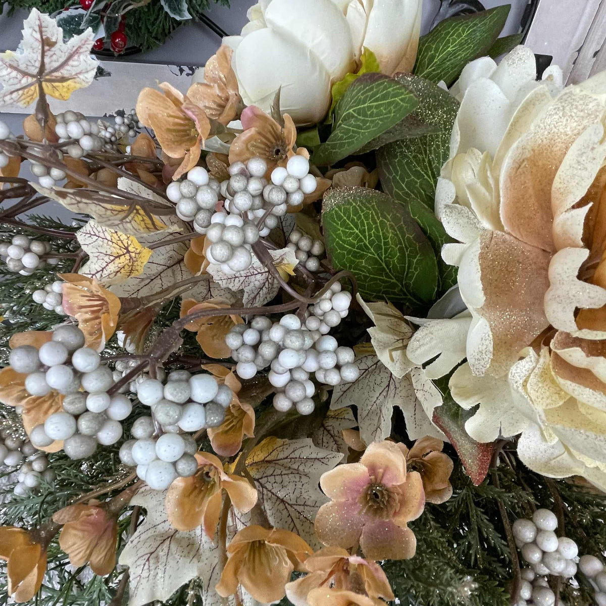 Fall Winter Centerpiece with Cream Mums & Gold Velvet Bow Pedestal