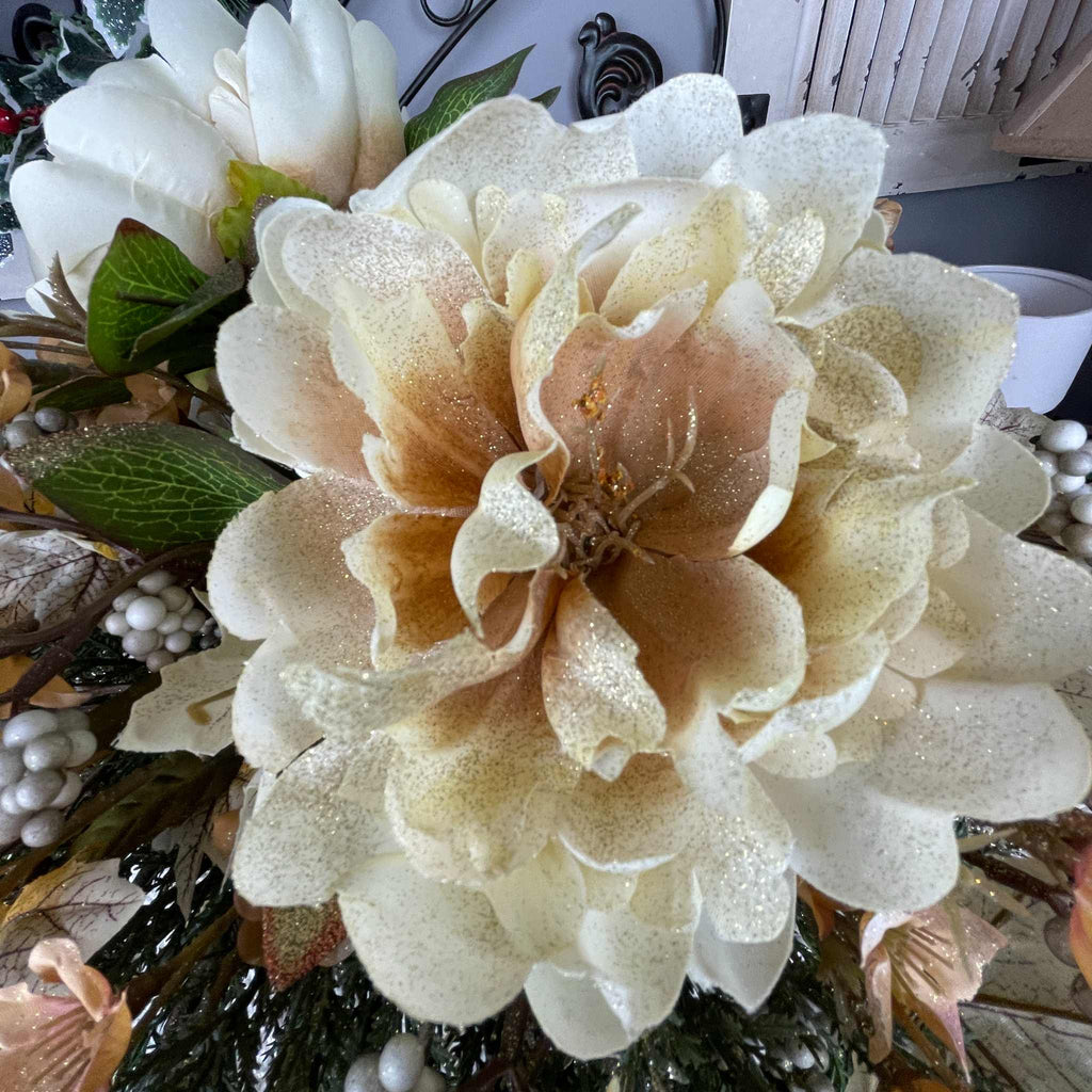 Fall Winter Centerpiece with Cream Mums & Gold Velvet Bow Pedestal