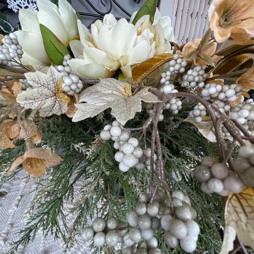 Fall Winter Centerpiece with Cream Mums & Gold Velvet Bow Pedestal