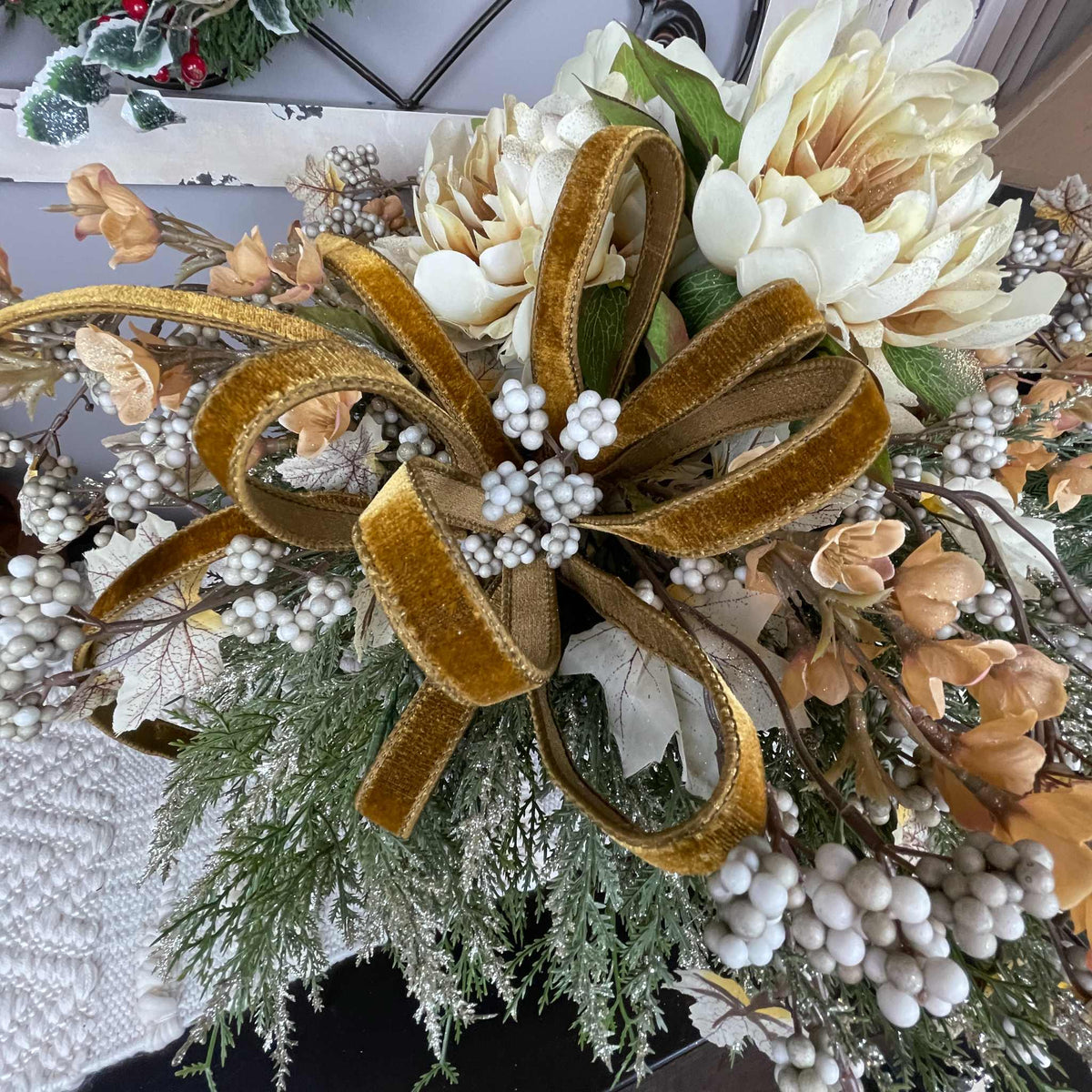 Fall Winter Centerpiece with Cream Mums & Gold Velvet Bow Pedestal