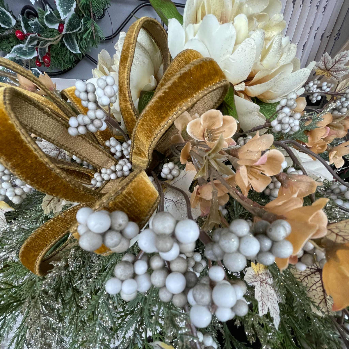 Fall Winter Centerpiece with Cream Mums & Gold Velvet Bow Pedestal