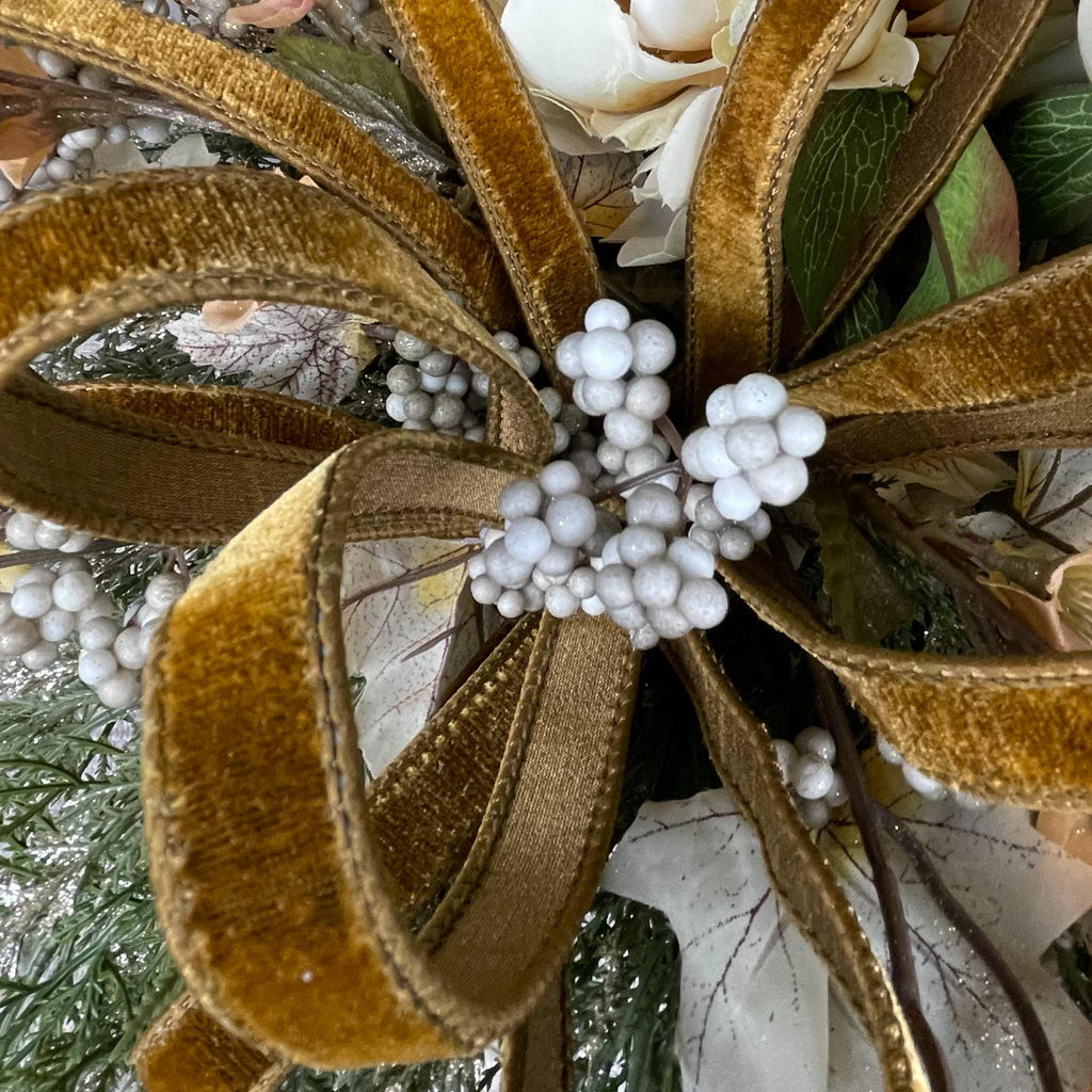 Fall Winter Centerpiece with Cream Mums & Gold Velvet Bow Pedestal