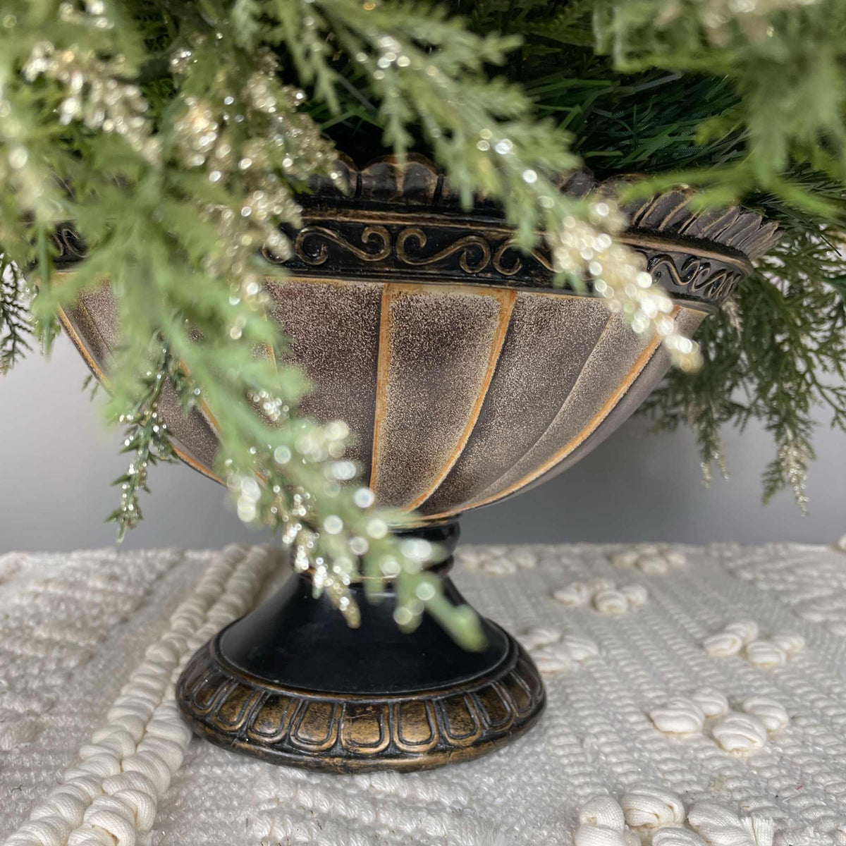 Fall Winter Centerpiece with Cream Mums & Gold Velvet Bow Pedestal