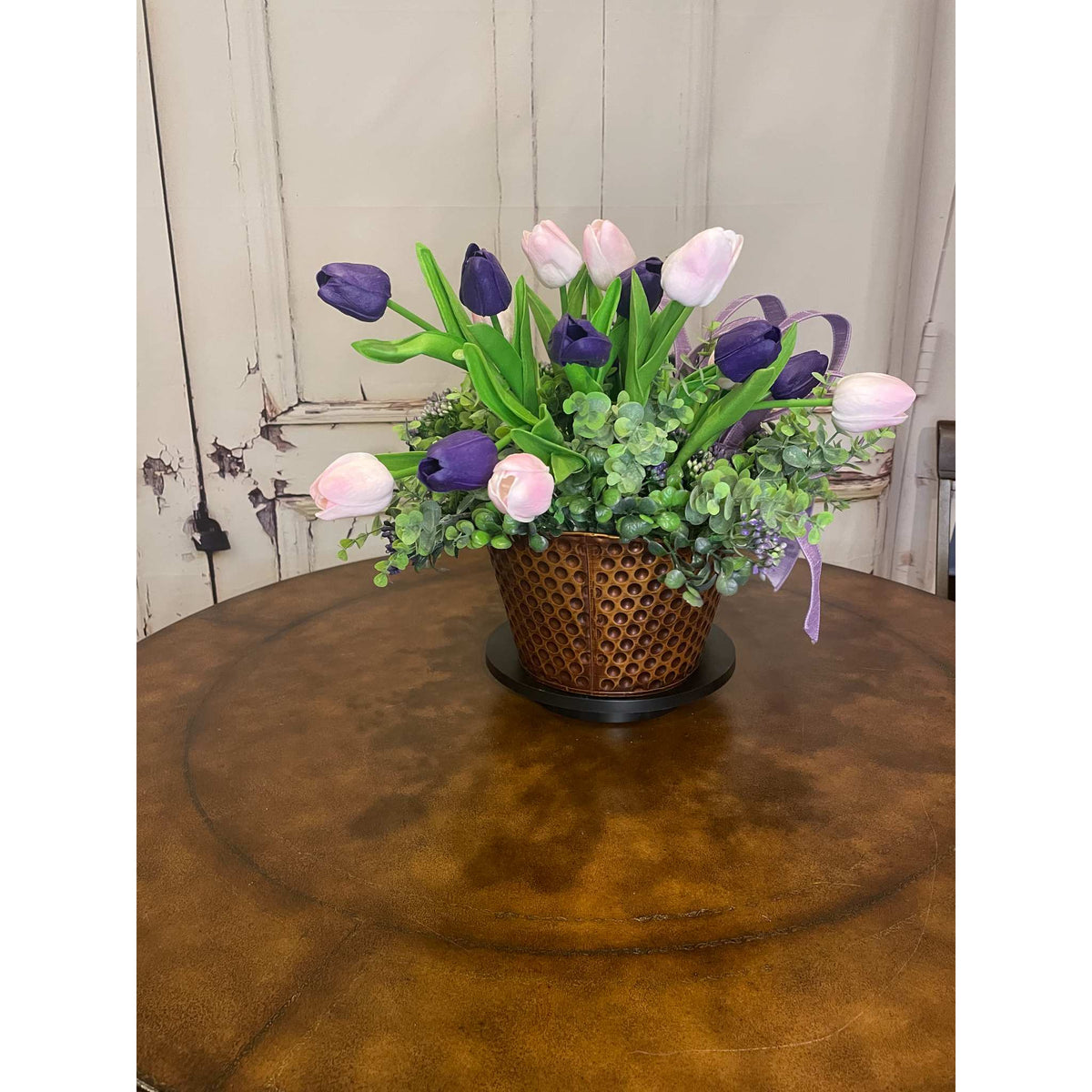 Purple and Cream Tulip Centerpiece with Lavender Bow