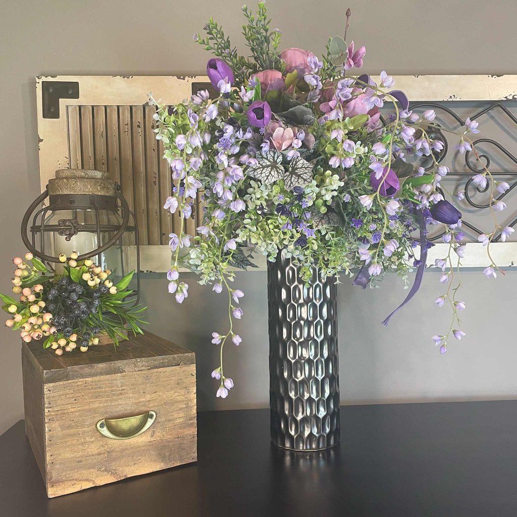 Lavender Peony Floral Arrangement in Pewter Ceramic Vase - Spring