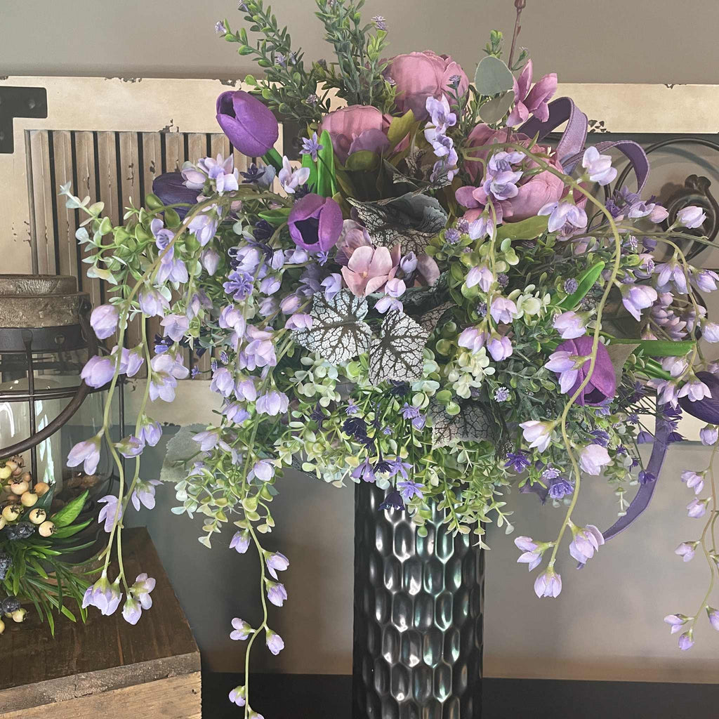 Lavender Peony Floral Arrangement in Pewter Ceramic Vase - Spring