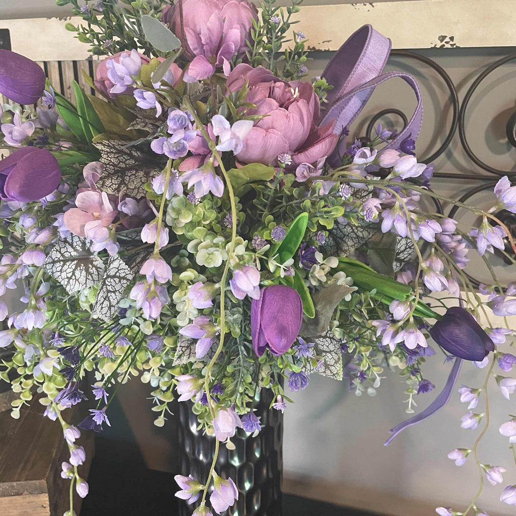 Lavender Peony Floral Arrangement in Pewter Ceramic Vase - Spring