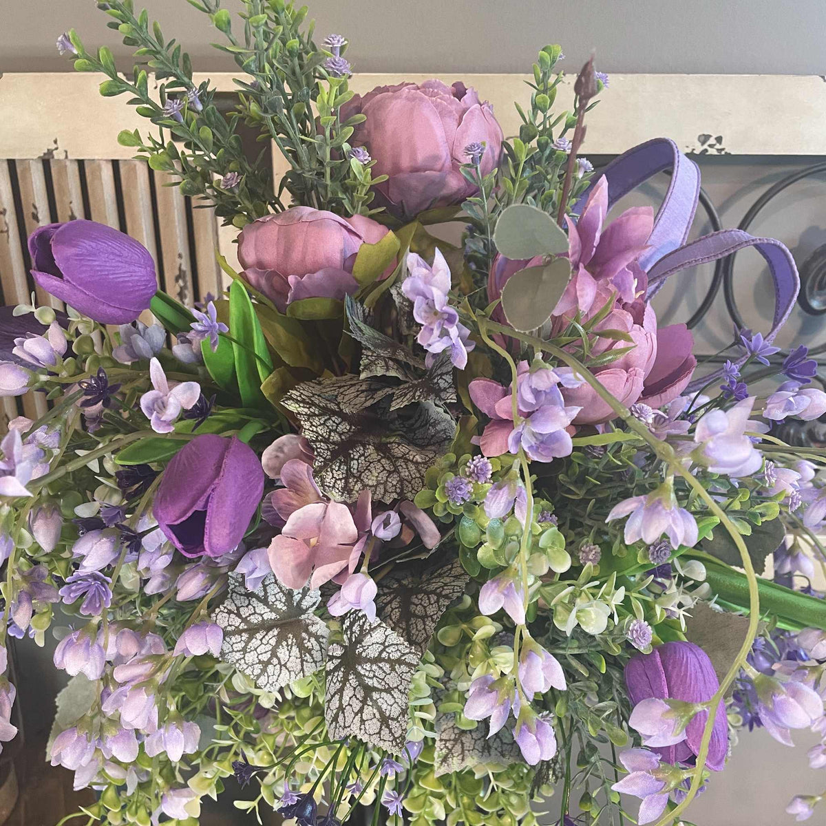 Lavender Peony Floral Arrangement in Pewter Ceramic Vase - Spring