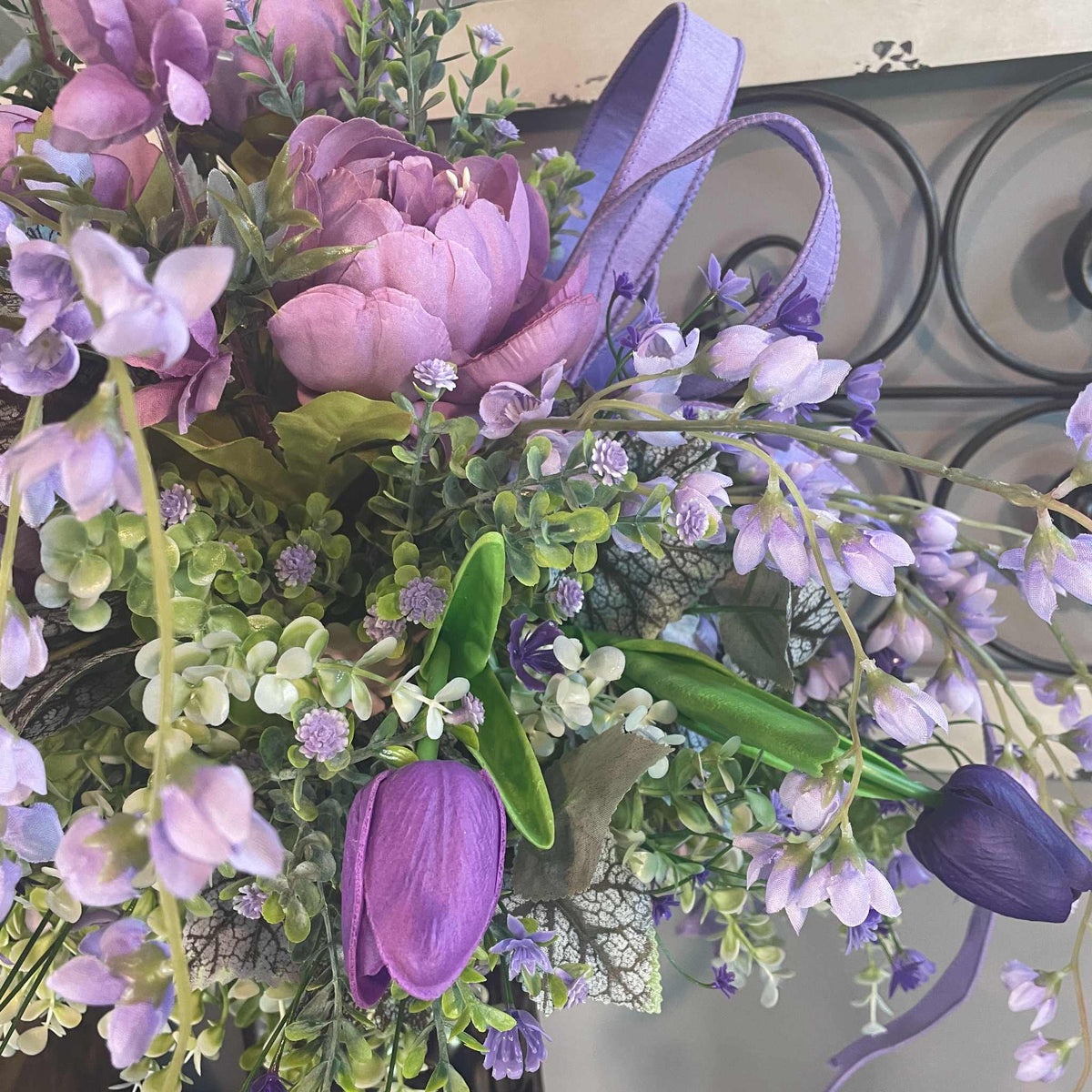 Lavender Peony Floral Arrangement in Pewter Ceramic Vase - Spring