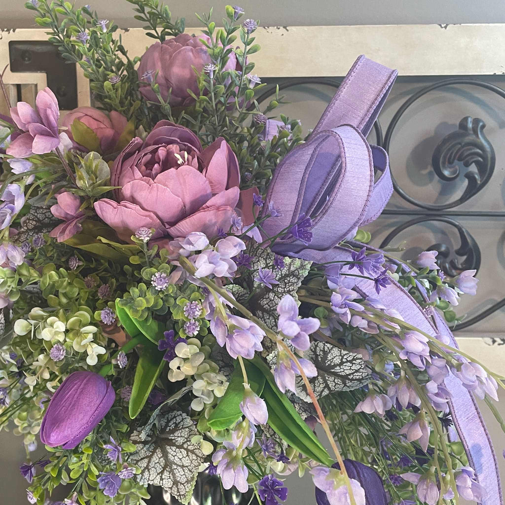 Lavender Peony Floral Arrangement in Pewter Ceramic Vase - Spring