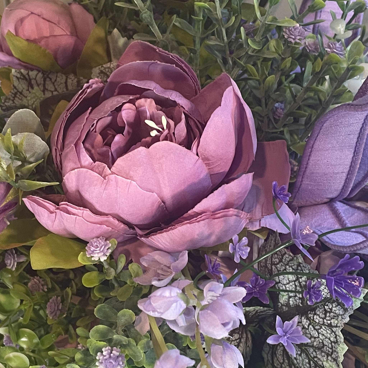 Lavender Peony Floral Arrangement in Pewter Ceramic Vase - Spring