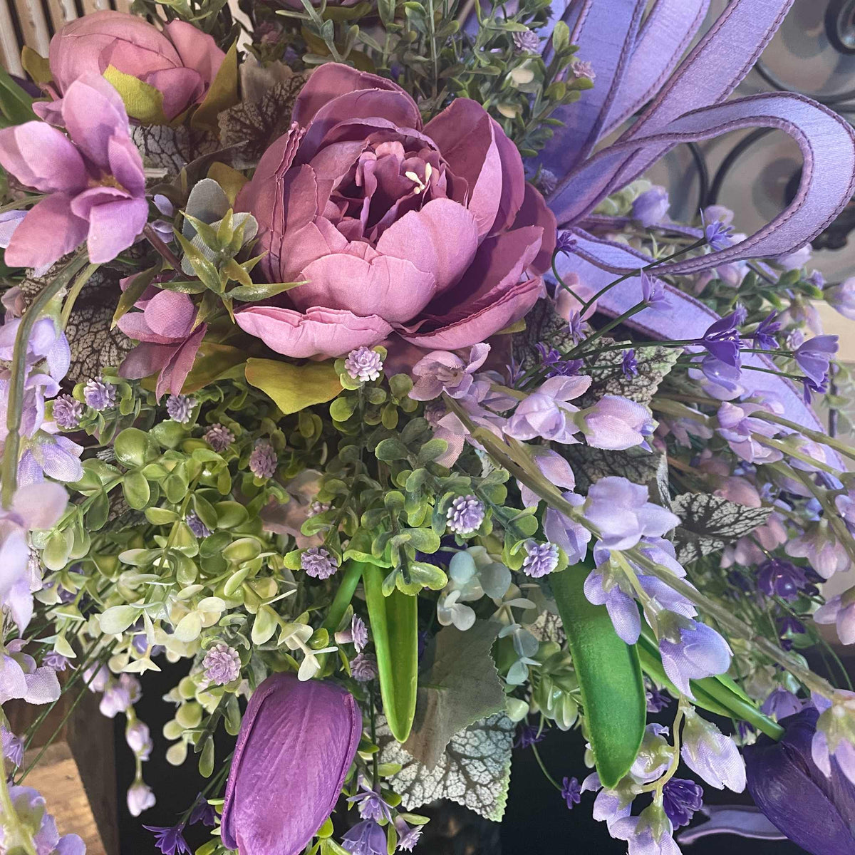 Lavender Peony Floral Arrangement in Pewter Ceramic Vase - Spring