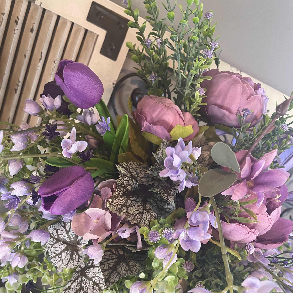 Lavender Peony Floral Arrangement in Pewter Ceramic Vase - Spring