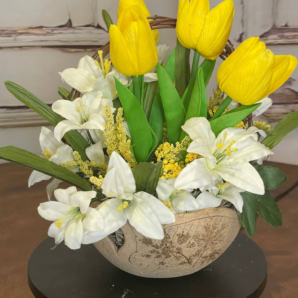 Handmade delicate clay Basket with White Lilies and Yellow Tulips