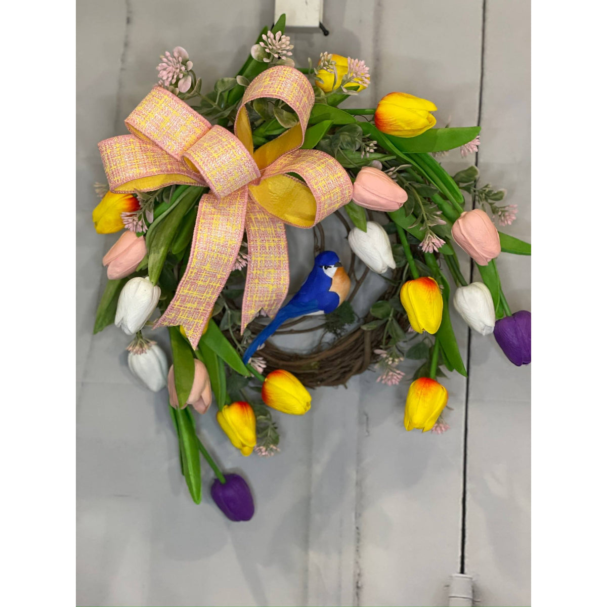 Spring Tulip Wreath With Bluebird And Pink Yellow Bow