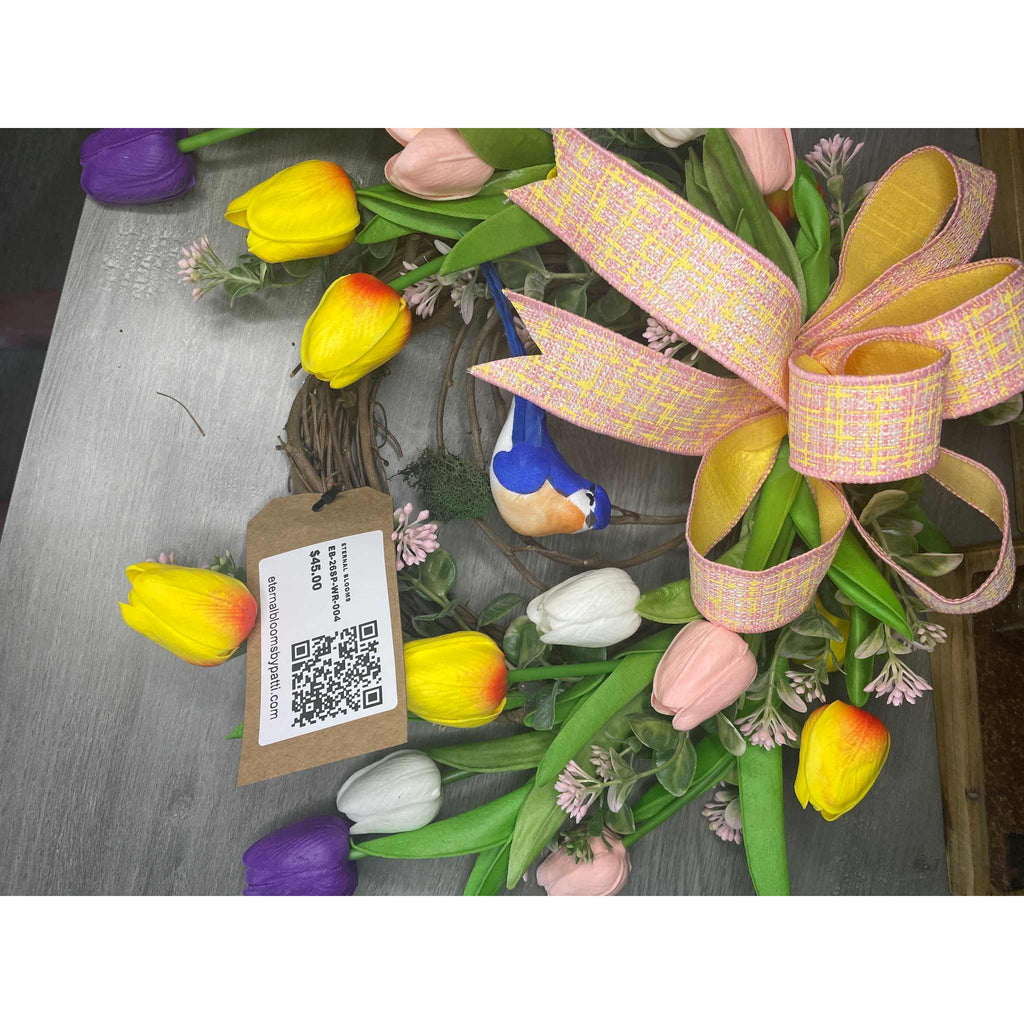 Spring Tulip Wreath With Bluebird And Pink Yellow Bow