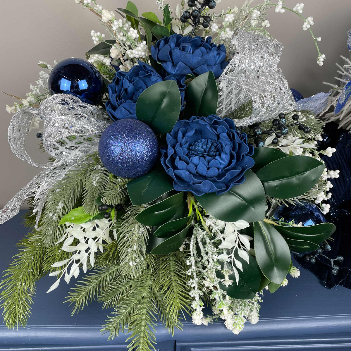 Blue and Silver Christmas Centerpiece With White Accents - 20 Inch