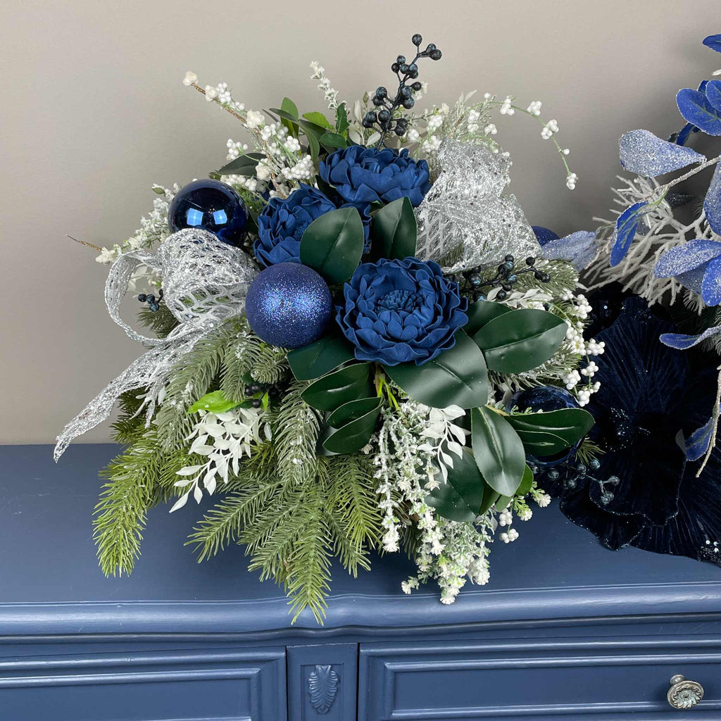 Blue and Silver Christmas Centerpiece With White Accents - 20 Inch