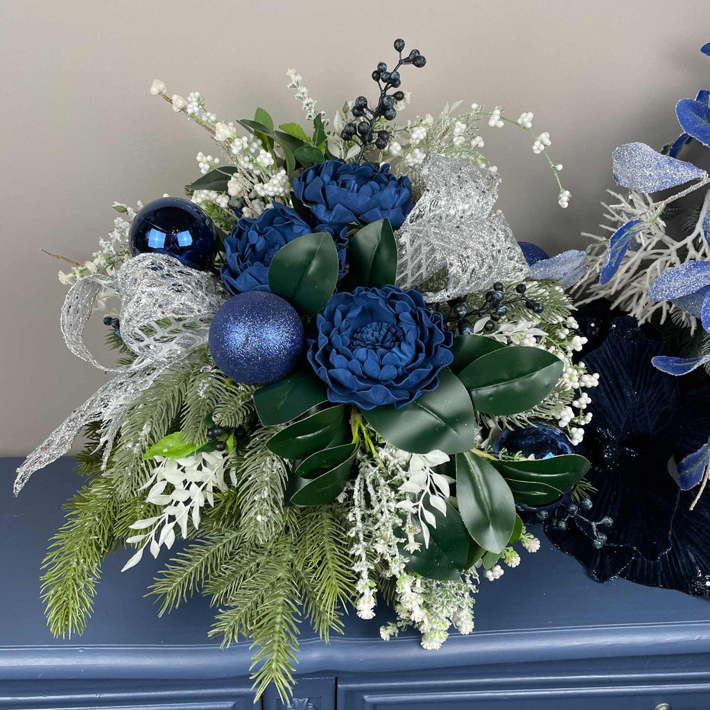 Blue and Silver Christmas Centerpiece With White Accents - 20 Inch