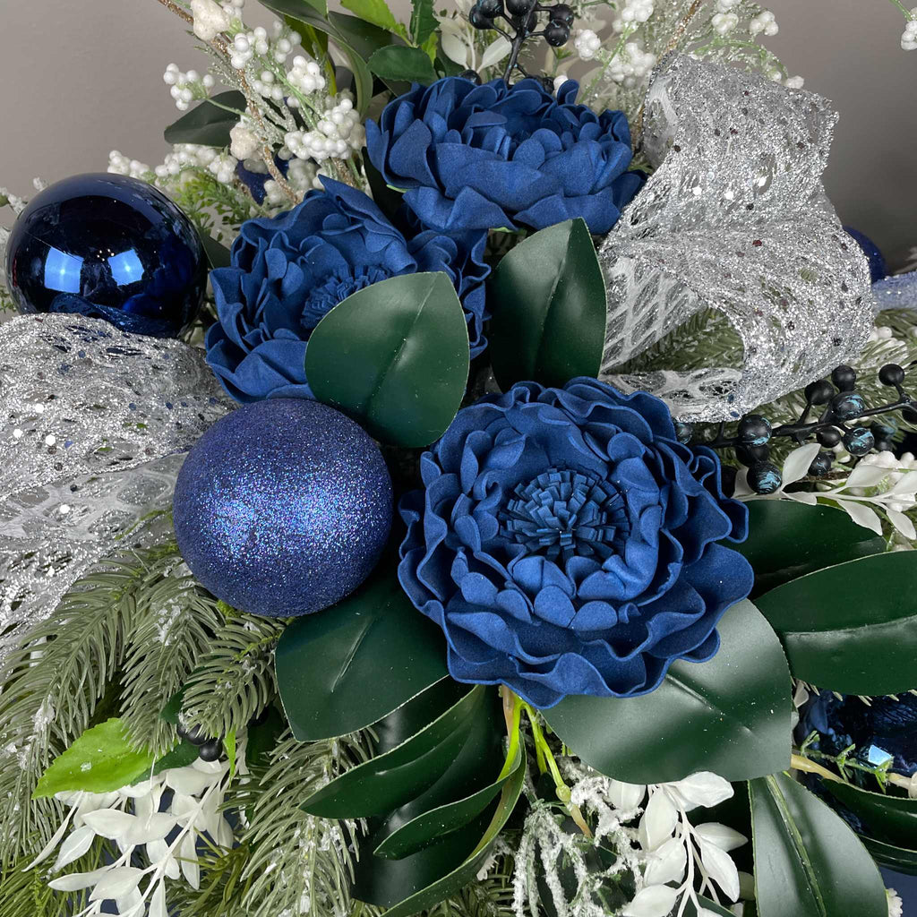 Blue and Silver Christmas Centerpiece With White Accents - 20 Inch