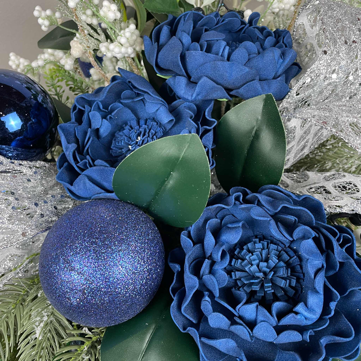 Blue and Silver Christmas Centerpiece With White Accents - 20 Inch