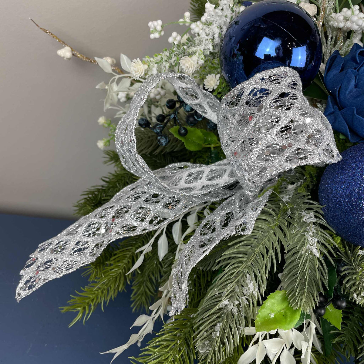 Blue and Silver Christmas Centerpiece With White Accents - 20 Inch