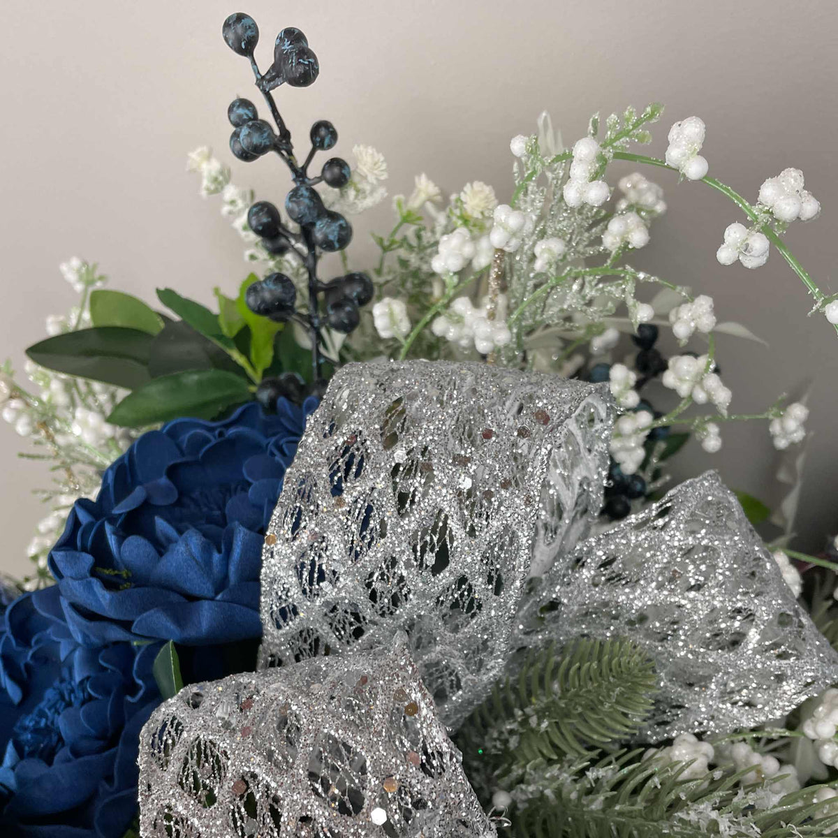 Blue and Silver Christmas Centerpiece With White Accents - 20 Inch