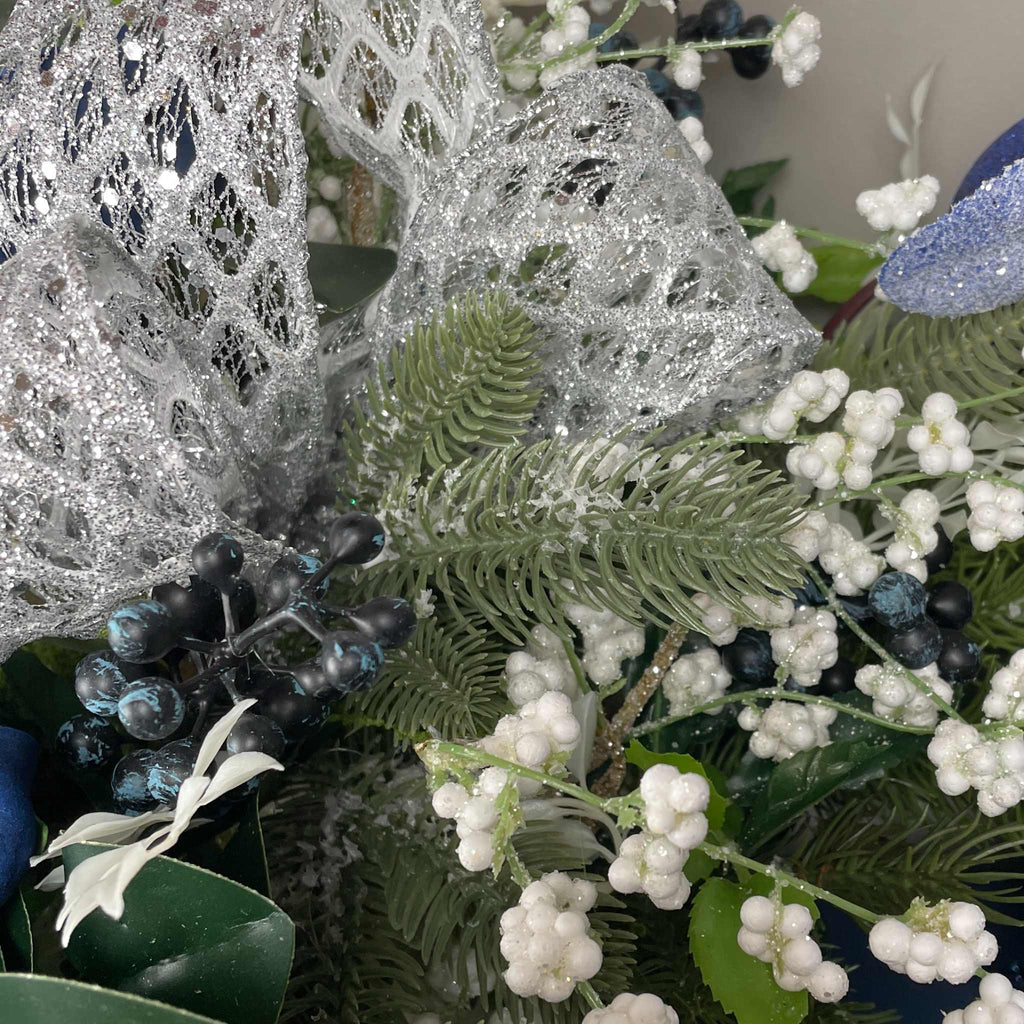 Blue and Silver Christmas Centerpiece With White Accents - 20 Inch