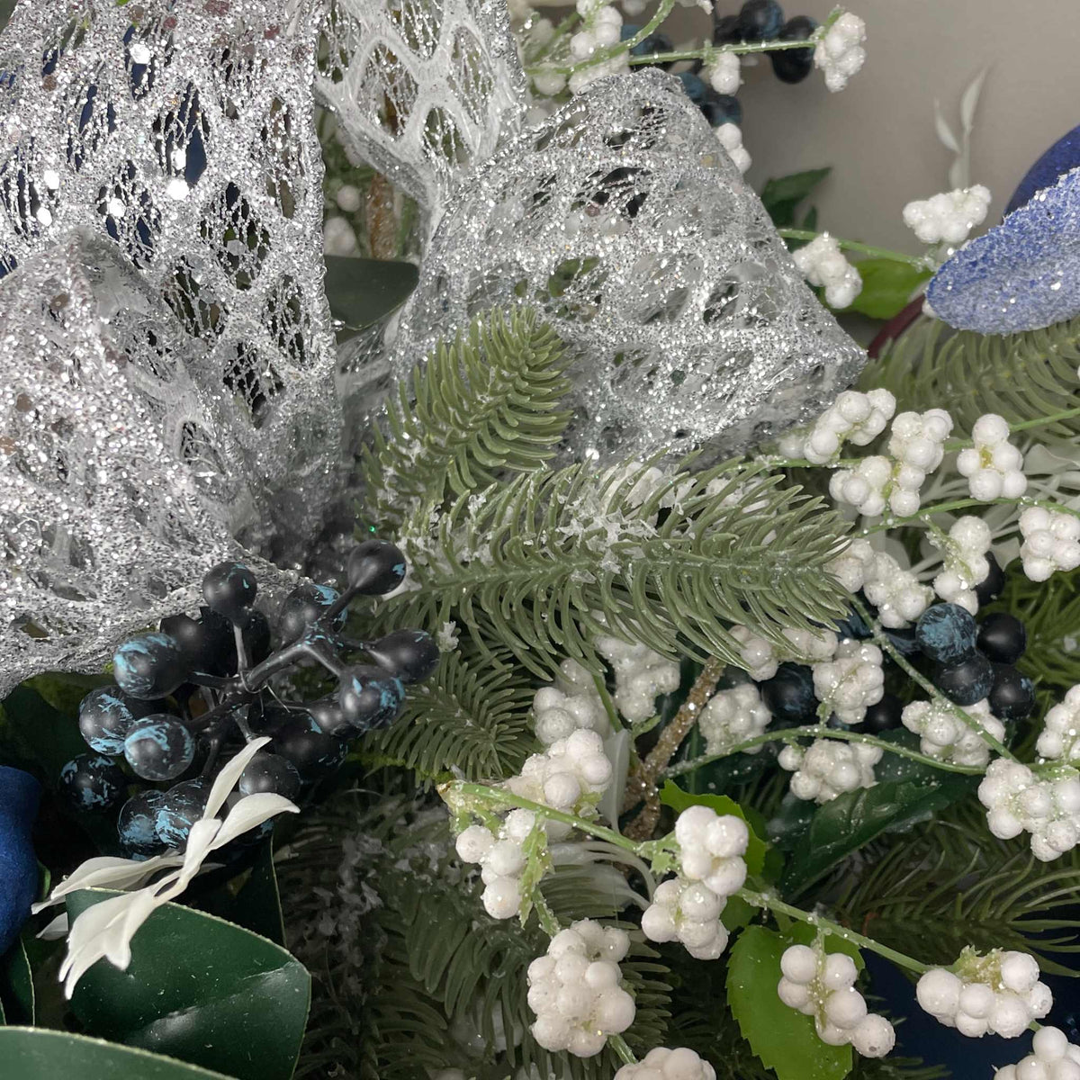 Blue and Silver Christmas Centerpiece With White Accents - 20 Inch