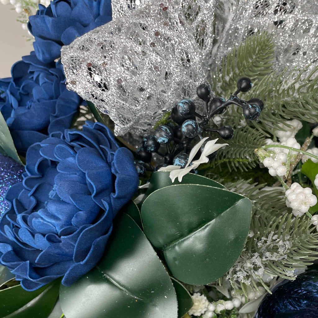 Blue and Silver Christmas Centerpiece With White Accents - 20 Inch