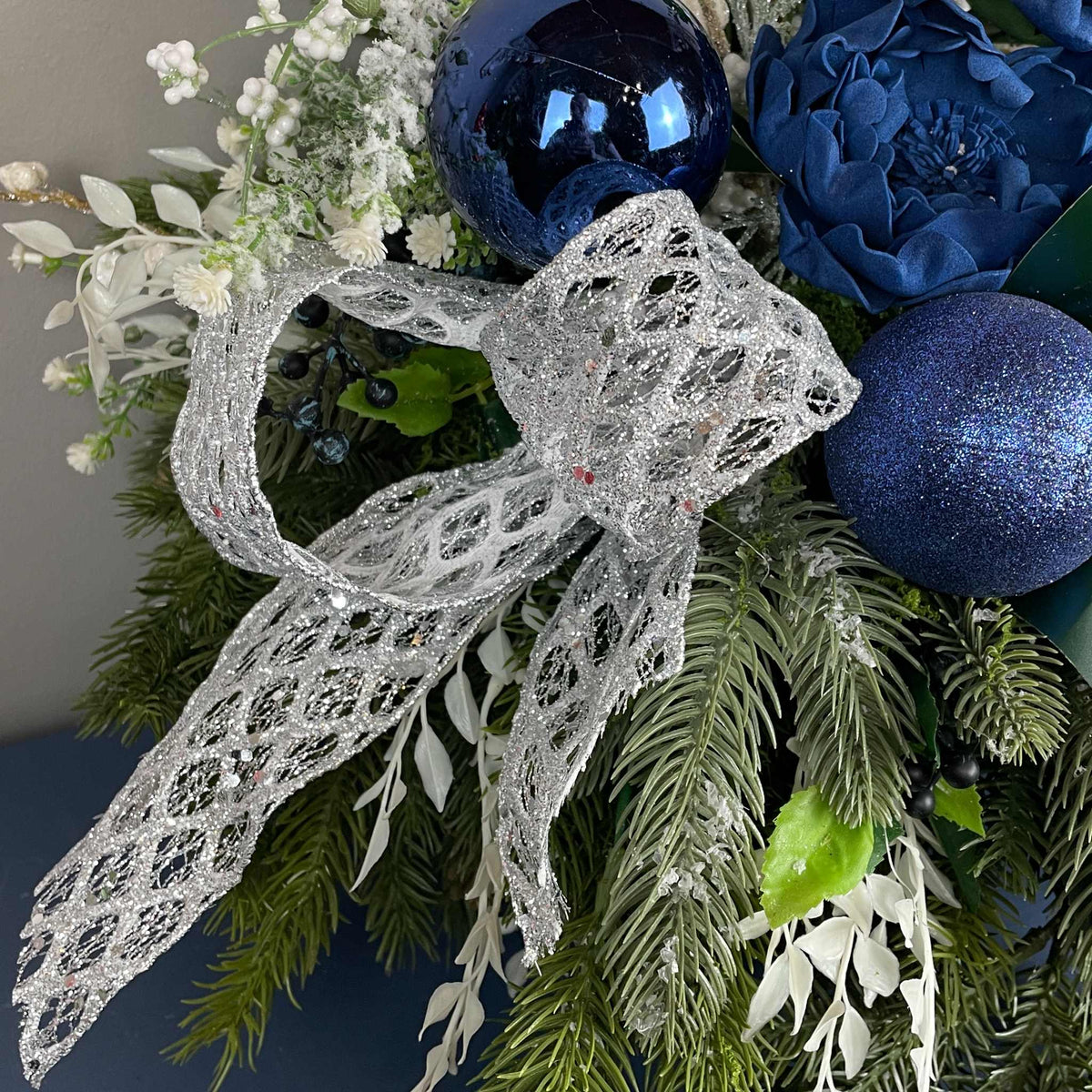 Blue and Silver Christmas Centerpiece With White Accents - 20 Inch