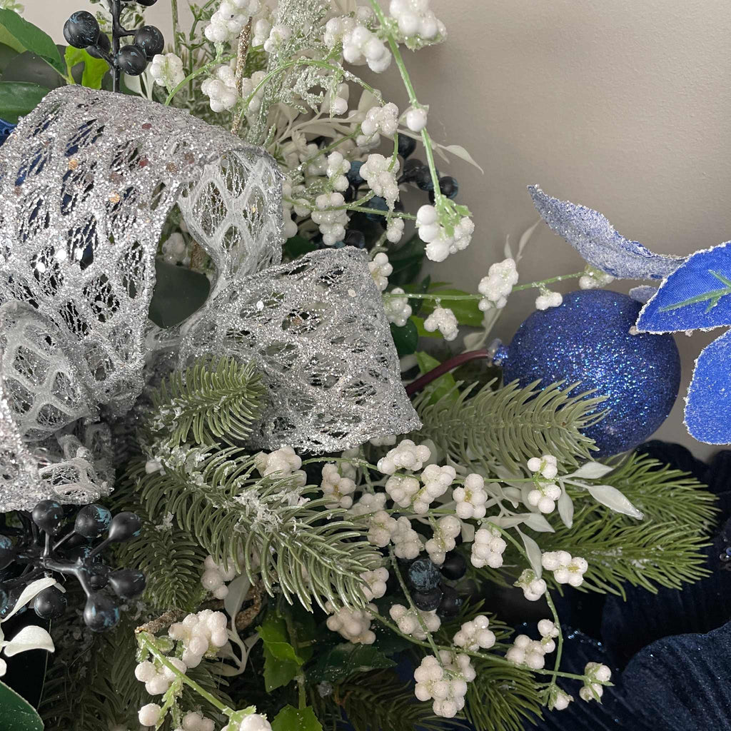 Blue and Silver Christmas Centerpiece With White Accents - 20 Inch