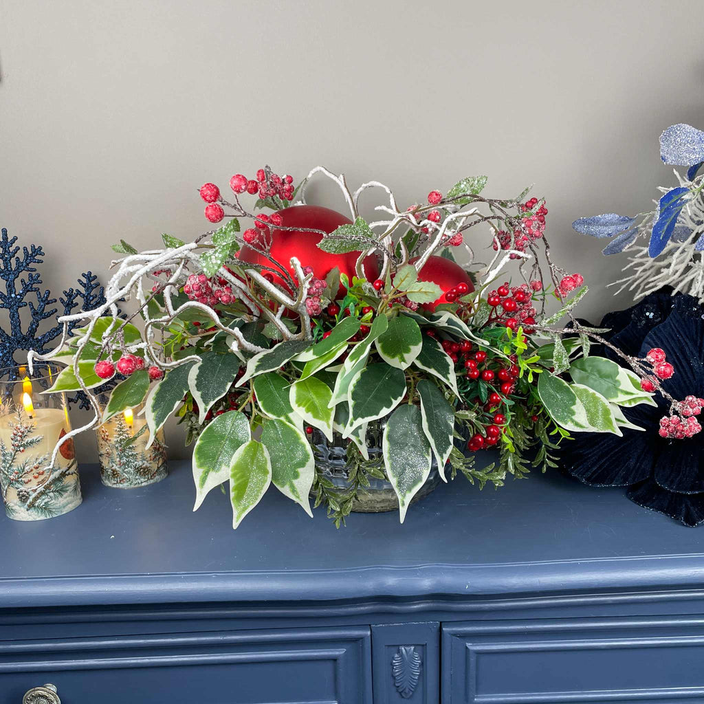 Christmas Centerpiece with Oversized Red Ornaments & Snow Branches