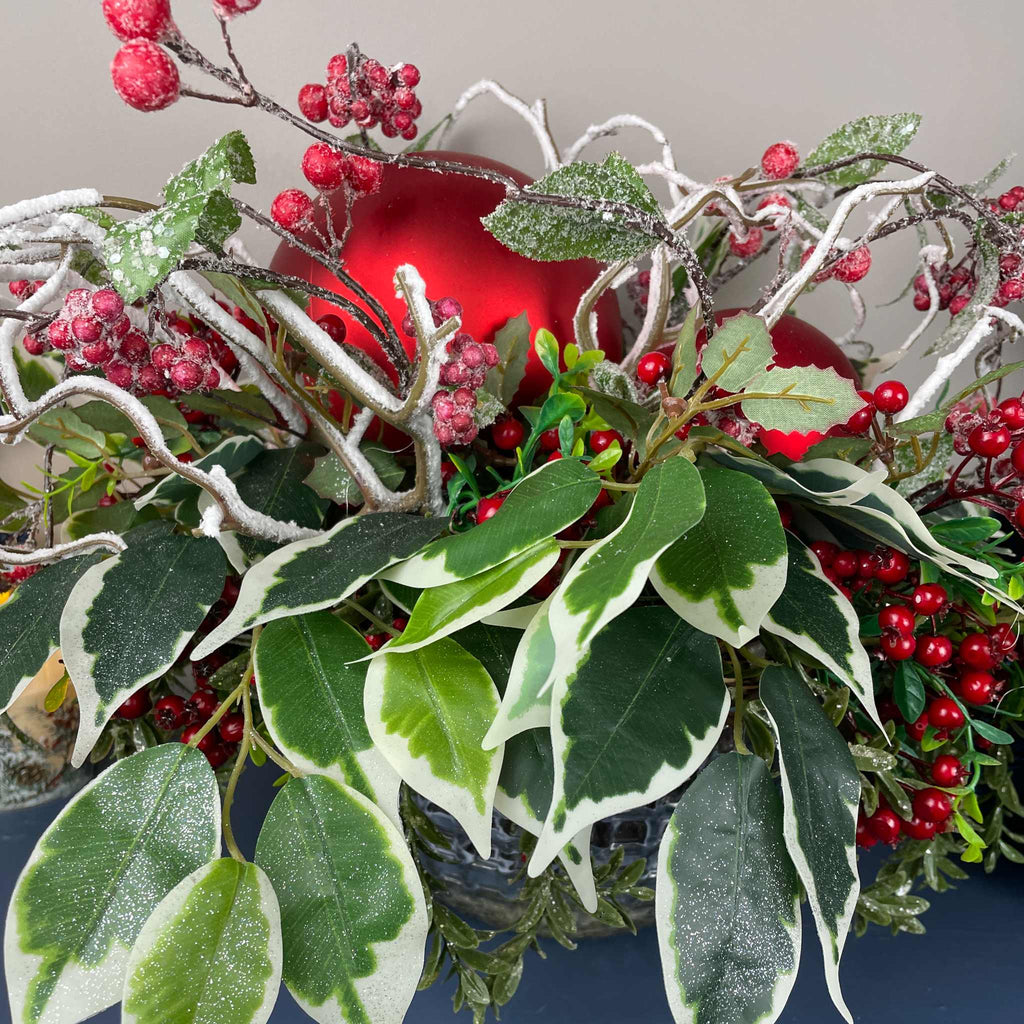 Christmas Centerpiece with Oversized Red Ornaments & Snow Branches