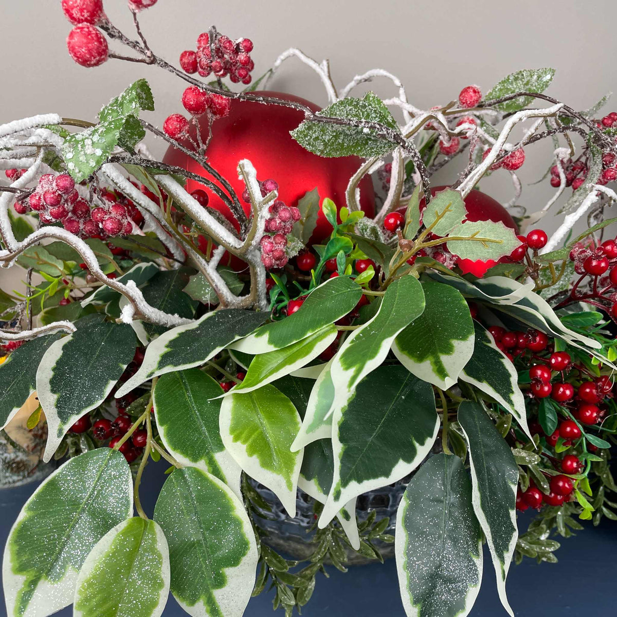 Christmas Centerpiece with Oversized Red Ornaments & Snow Branches