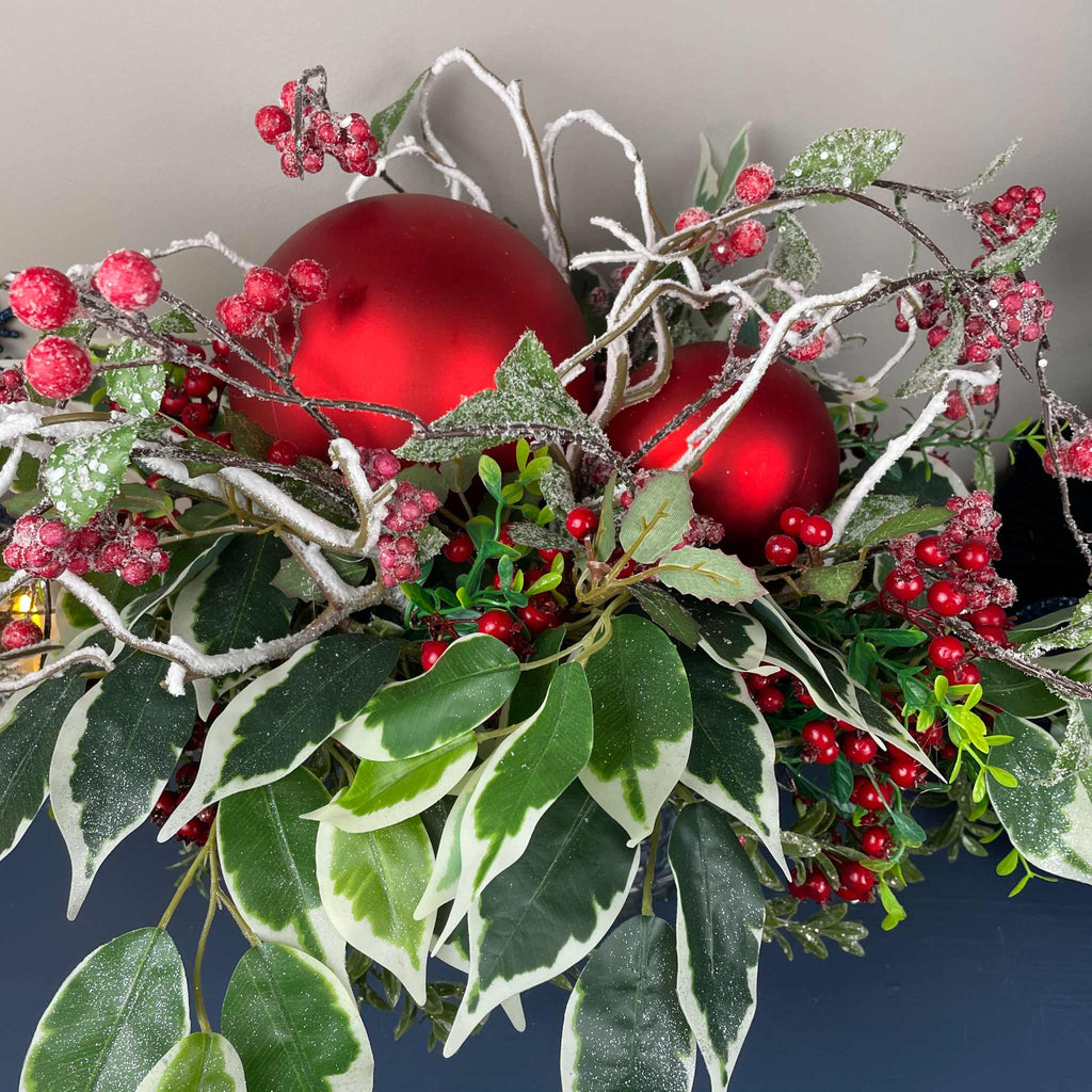 Christmas Centerpiece with Oversized Red Ornaments & Snow Branches