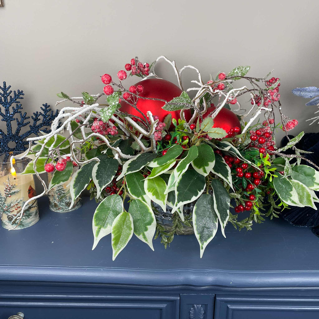 Christmas Centerpiece with Oversized Red Ornaments & Snow Branches