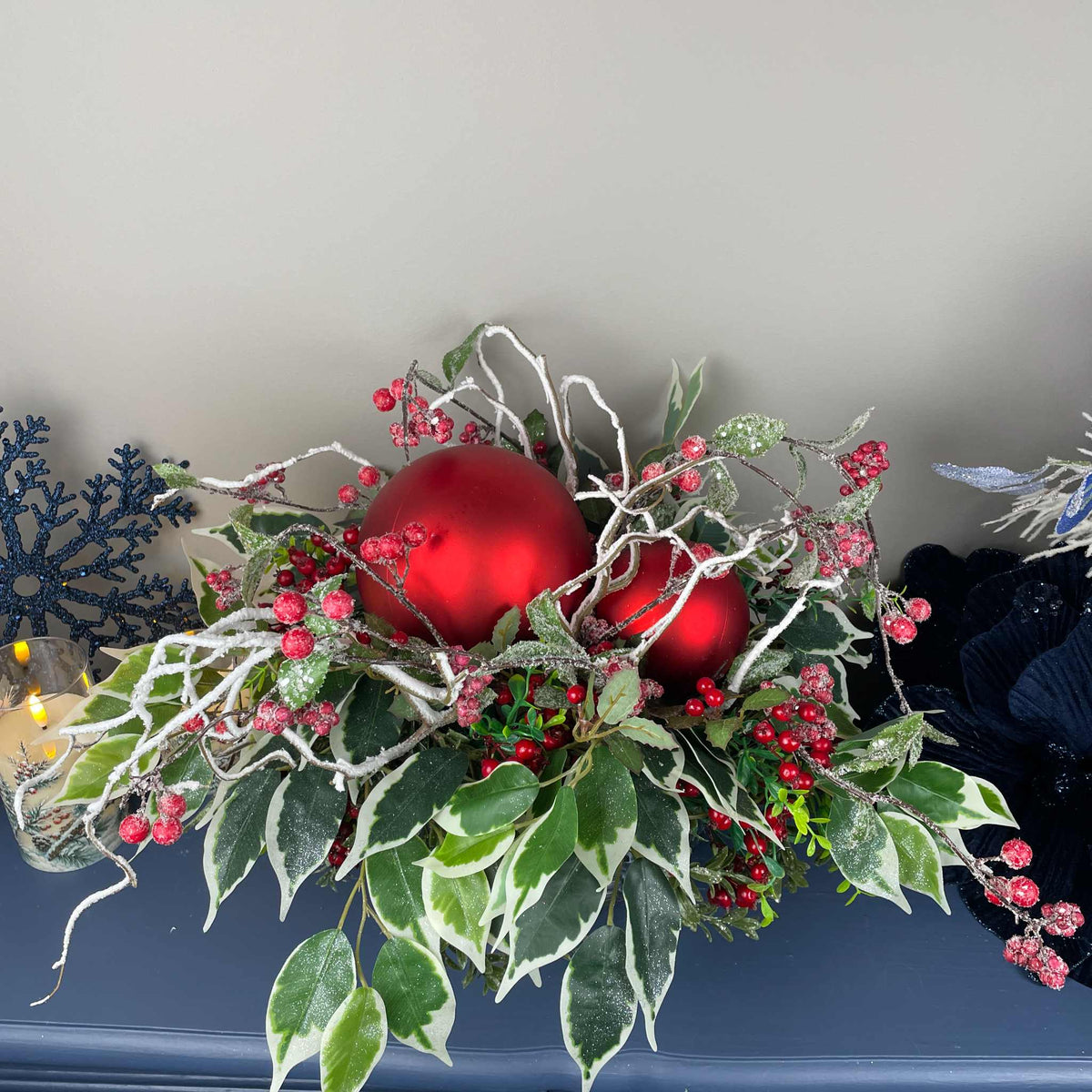 Christmas Centerpiece with Oversized Red Ornaments & Snow Branches