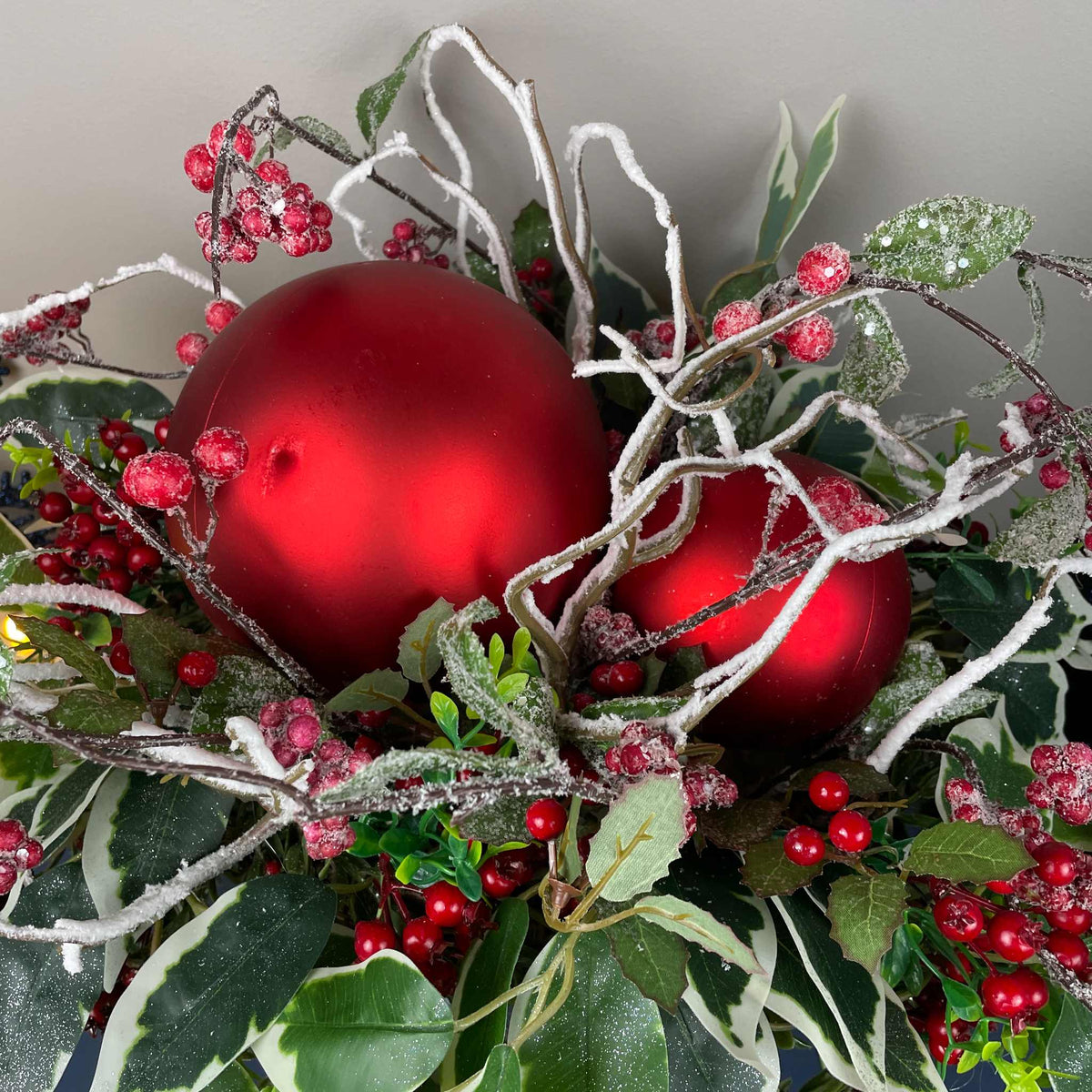 Christmas Centerpiece with Oversized Red Ornaments & Snow Branches