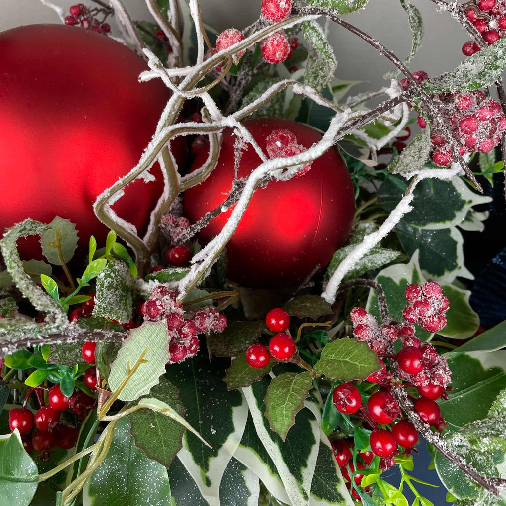 Christmas Centerpiece with Oversized Red Ornaments & Snow Branches