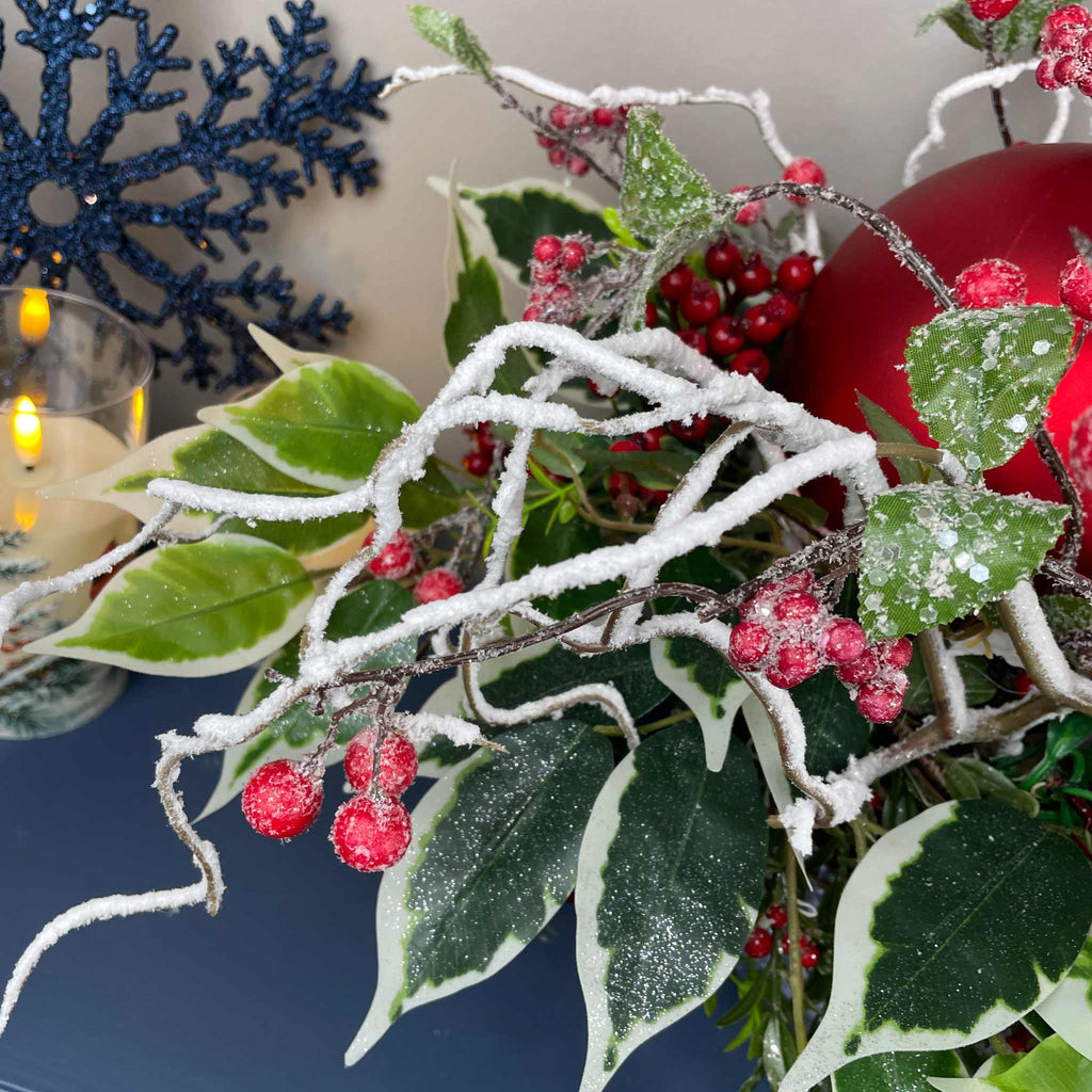 Christmas Centerpiece with Oversized Red Ornaments & Snow Branches