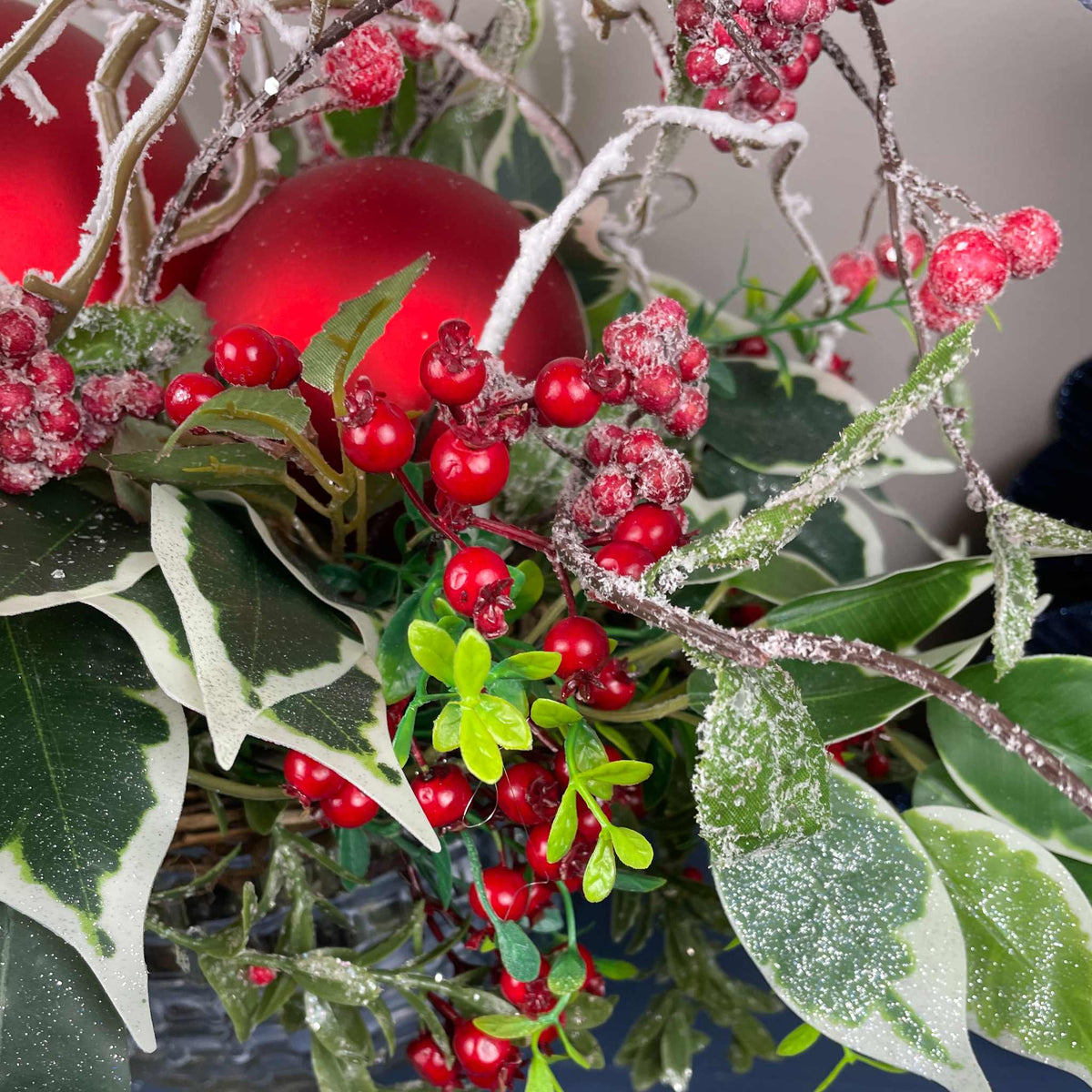 Christmas Centerpiece with Oversized Red Ornaments & Snow Branches