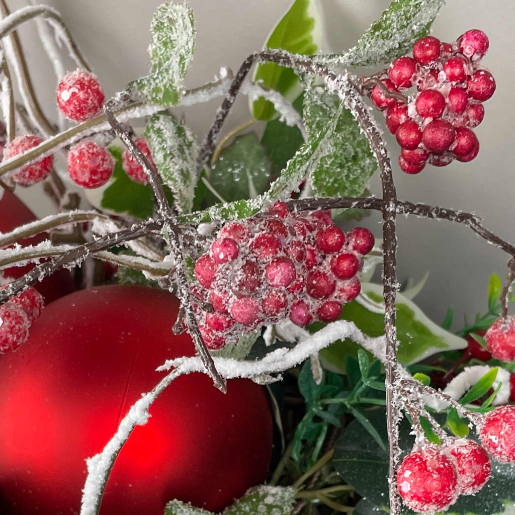 Christmas Centerpiece with Oversized Red Ornaments & Snow Branches