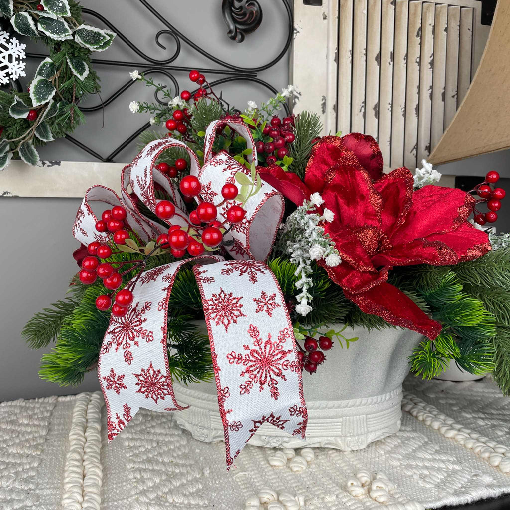 Christmas Centerpiece Red Magnolia Winter Floral Arrangement White