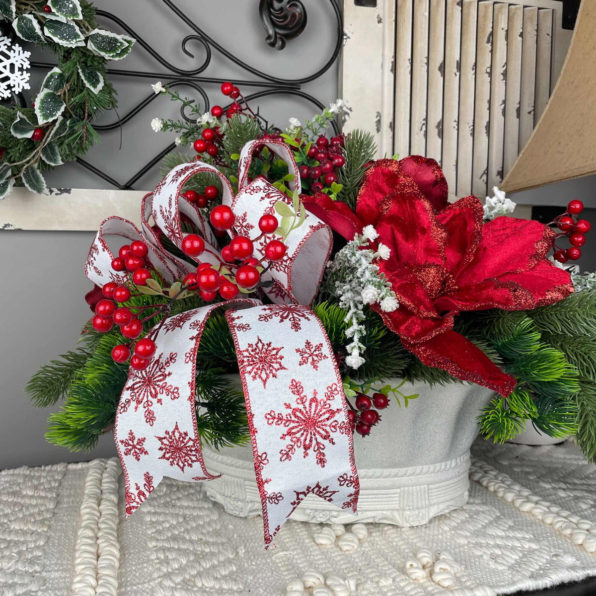 Christmas Centerpiece Red Magnolia Winter Floral Arrangement White