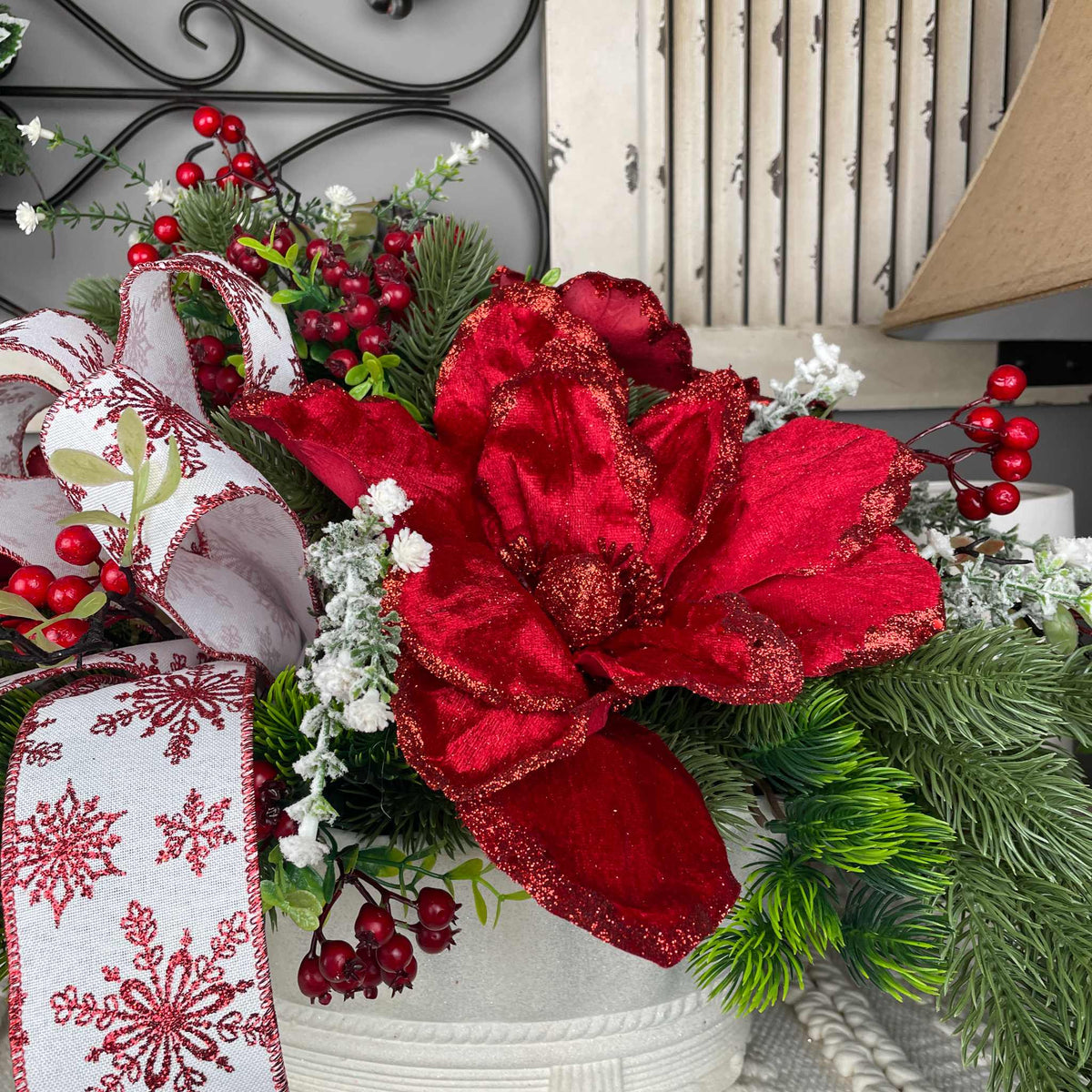 Christmas Centerpiece Red Magnolia Winter Floral Arrangement White