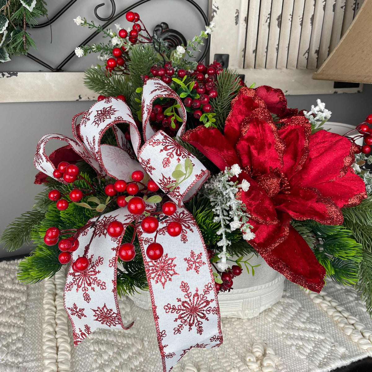 Christmas Centerpiece Red Magnolia Winter Floral Arrangement White