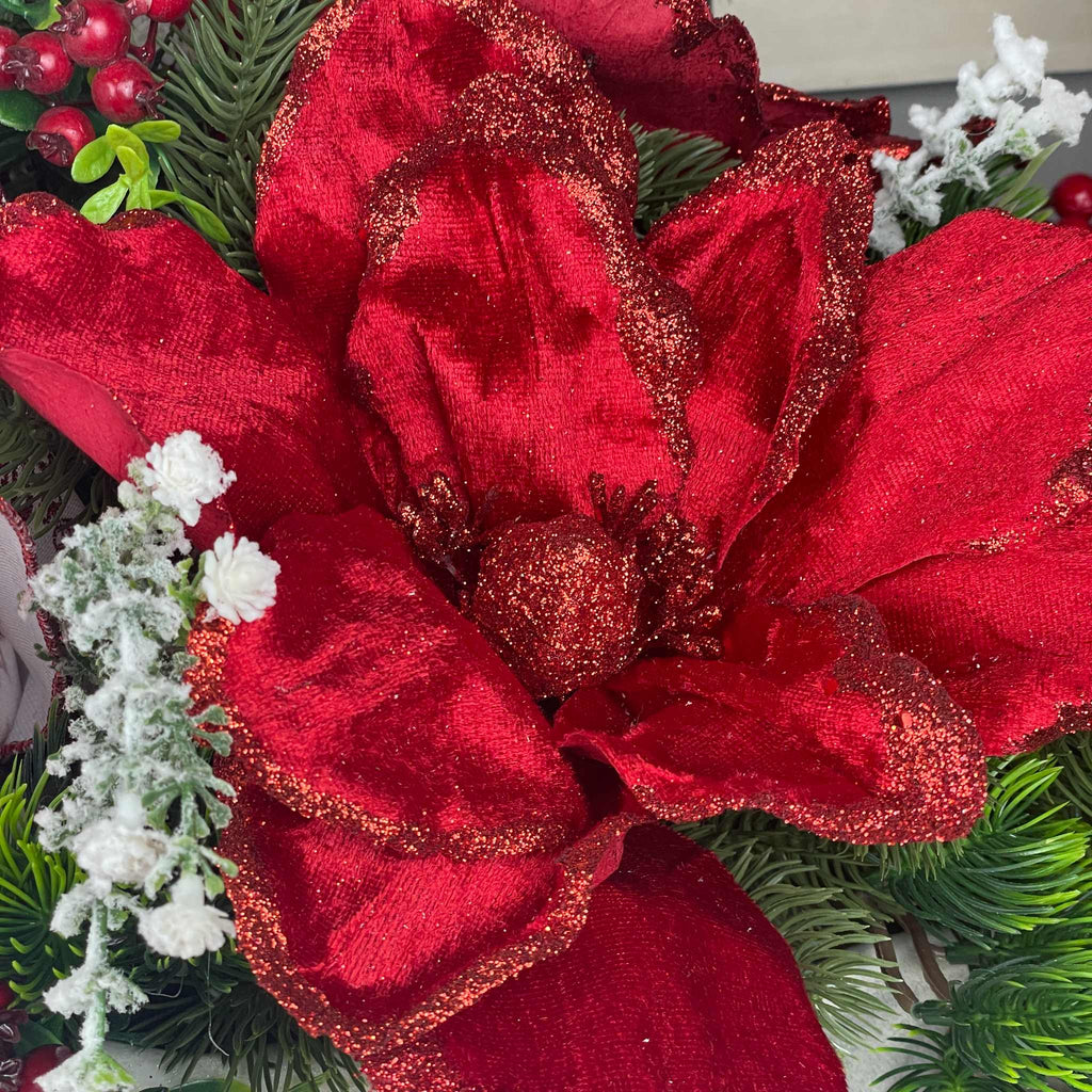 Christmas Centerpiece Red Magnolia Winter Floral Arrangement White
